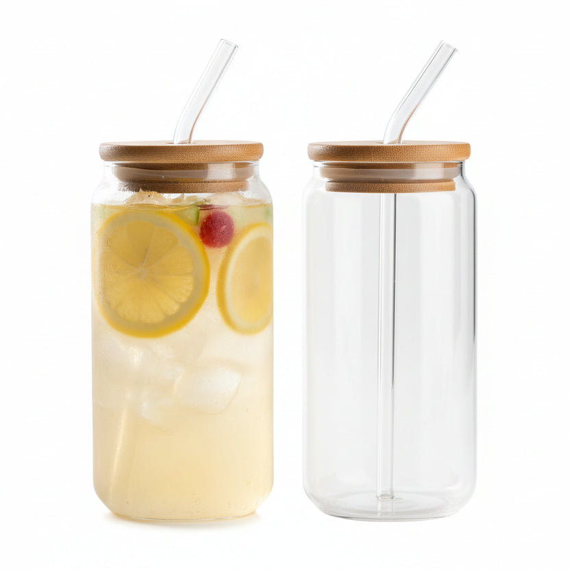 Glass Tumbler with Wooden Lid and Glass Straw – 500ml