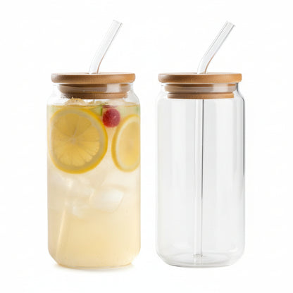Glass Tumbler with Wooden Lid and Glass Straw – 500ml