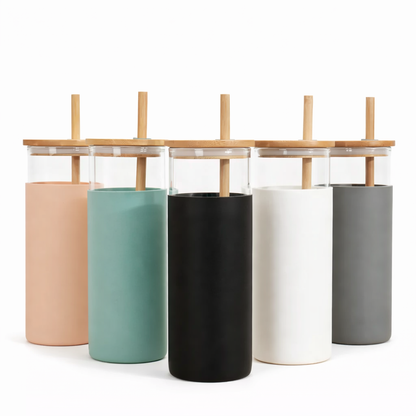 Glass Tumbler with Silicone Grip, Bamboo Lid & Bamboo Straw – 500ml
