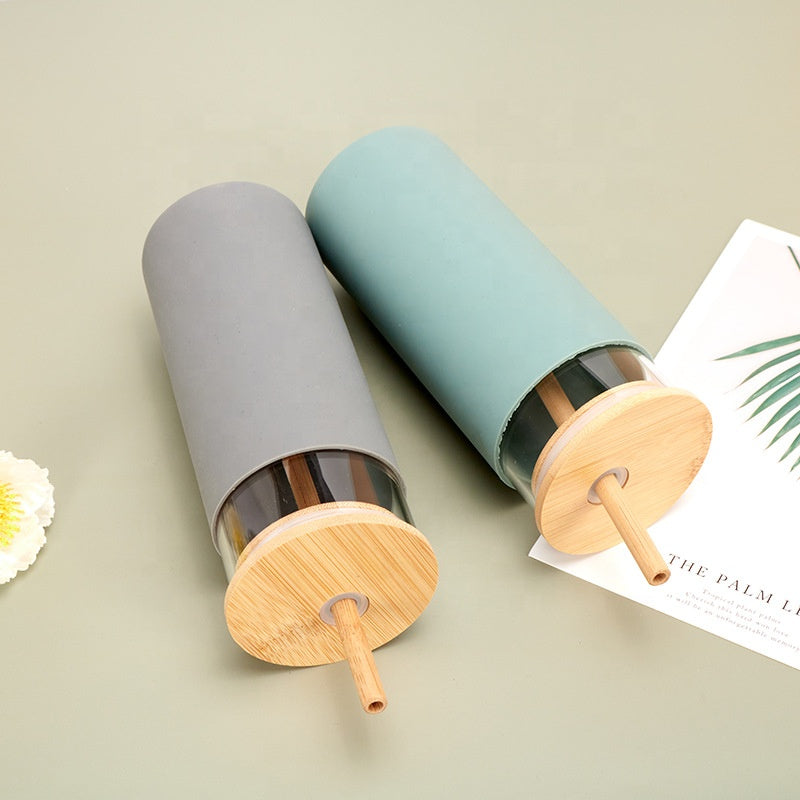 Glass Tumbler with Silicone Grip, Bamboo Lid & Bamboo Straw – 500ml