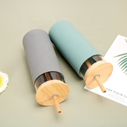 Glass Tumbler with Silicone Grip, Bamboo Lid & Bamboo Straw – 500ml