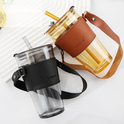 Glass Tumbler with Leather Sleeve, Belt, Lid & Straw – 450ml