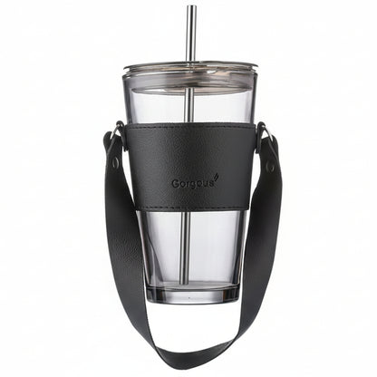 Glass Tumbler with Leather Sleeve, Belt, Lid & Straw – 450ml