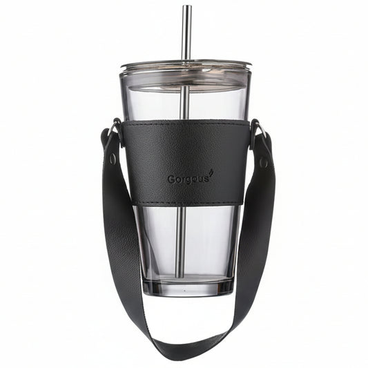 Glass Tumbler with Leather Sleeve, Belt, Lid & Straw – 450ml