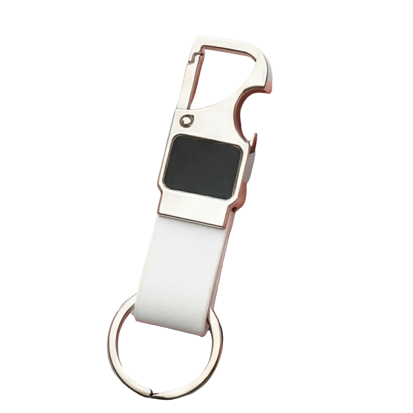 Keychain with black strap and silver clip on a dark textured surface