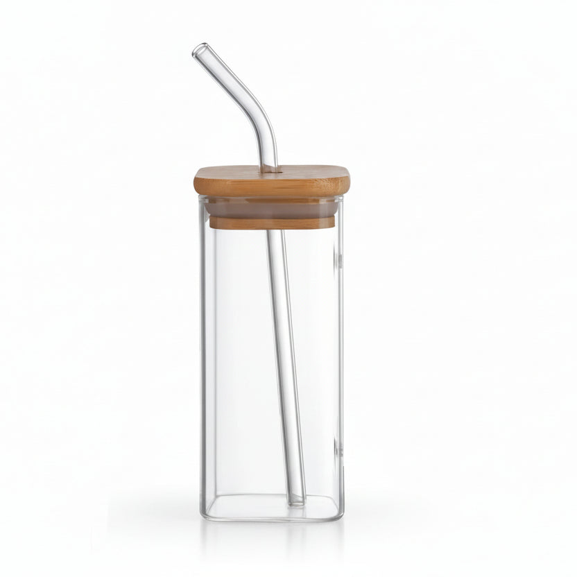 Glass Tumbler with Wooden Lid and Glass Straw – 500ml