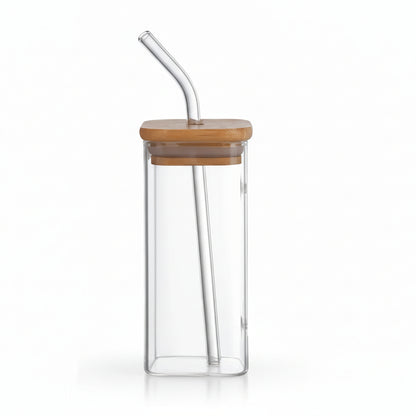 Glass Tumbler with Wooden Lid and Glass Straw – 500ml