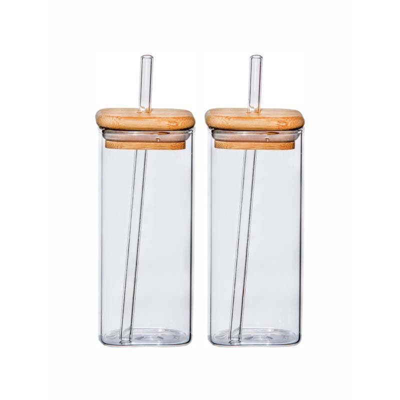 Glass Tumbler with Wooden Lid and Glass Straw – 500ml