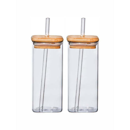 Glass Tumbler with Wooden Lid and Glass Straw – 500ml