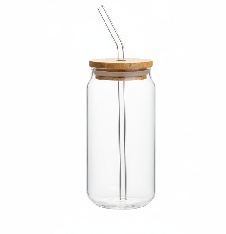 Glass Tumbler with Wooden Lid and Glass Straw – 500ml